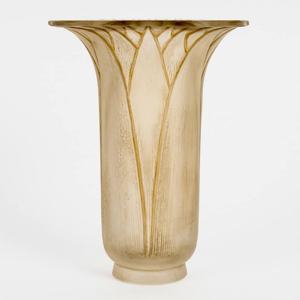 1926 René Lalique - Vase Lotus Verre Blanc Patiné Sépia 