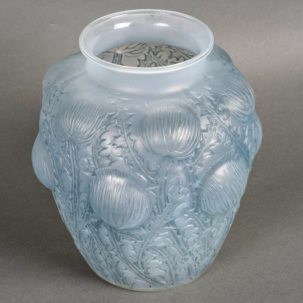 1926 René Lalique - Vase Domrémy Verre Opalescent Patiné Bleu 