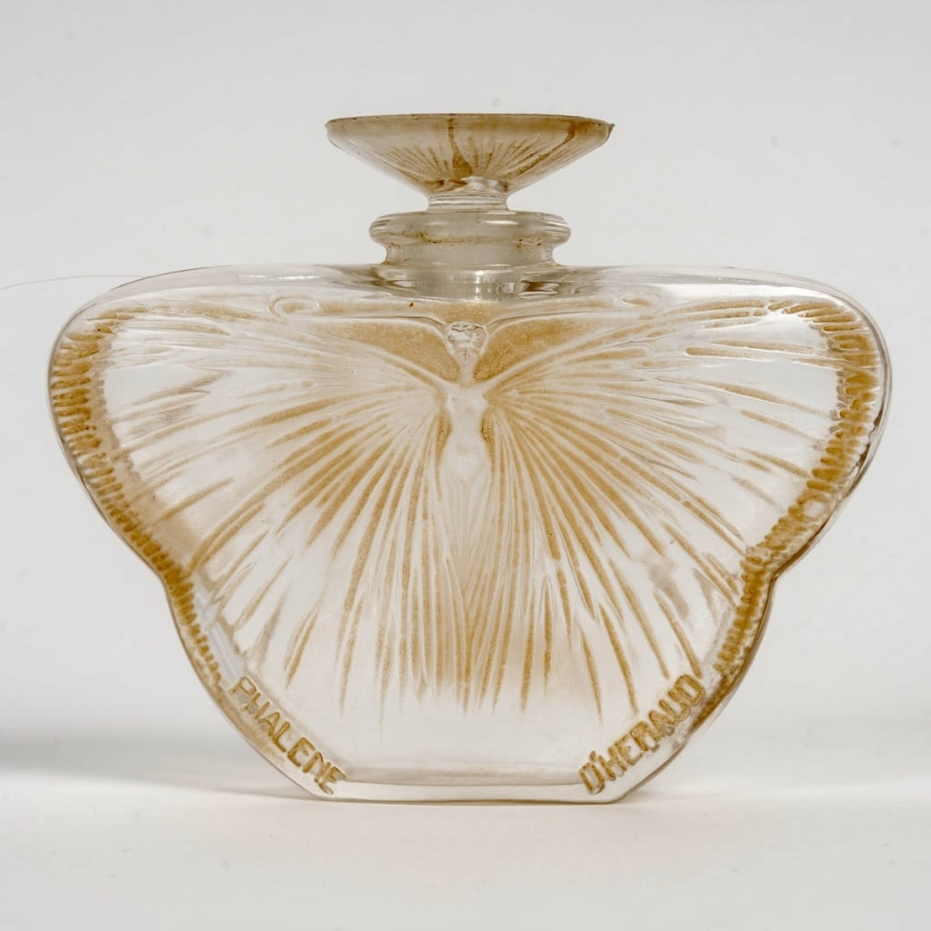 1913 René Lalique - Flacon Phalène Verre Blanc Patiné Sépia 