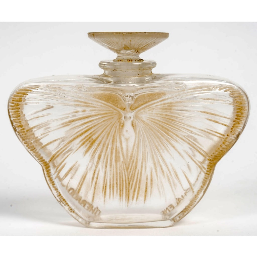 1913 René Lalique - Flacon Phalène Verre Blanc Patiné Sépia 