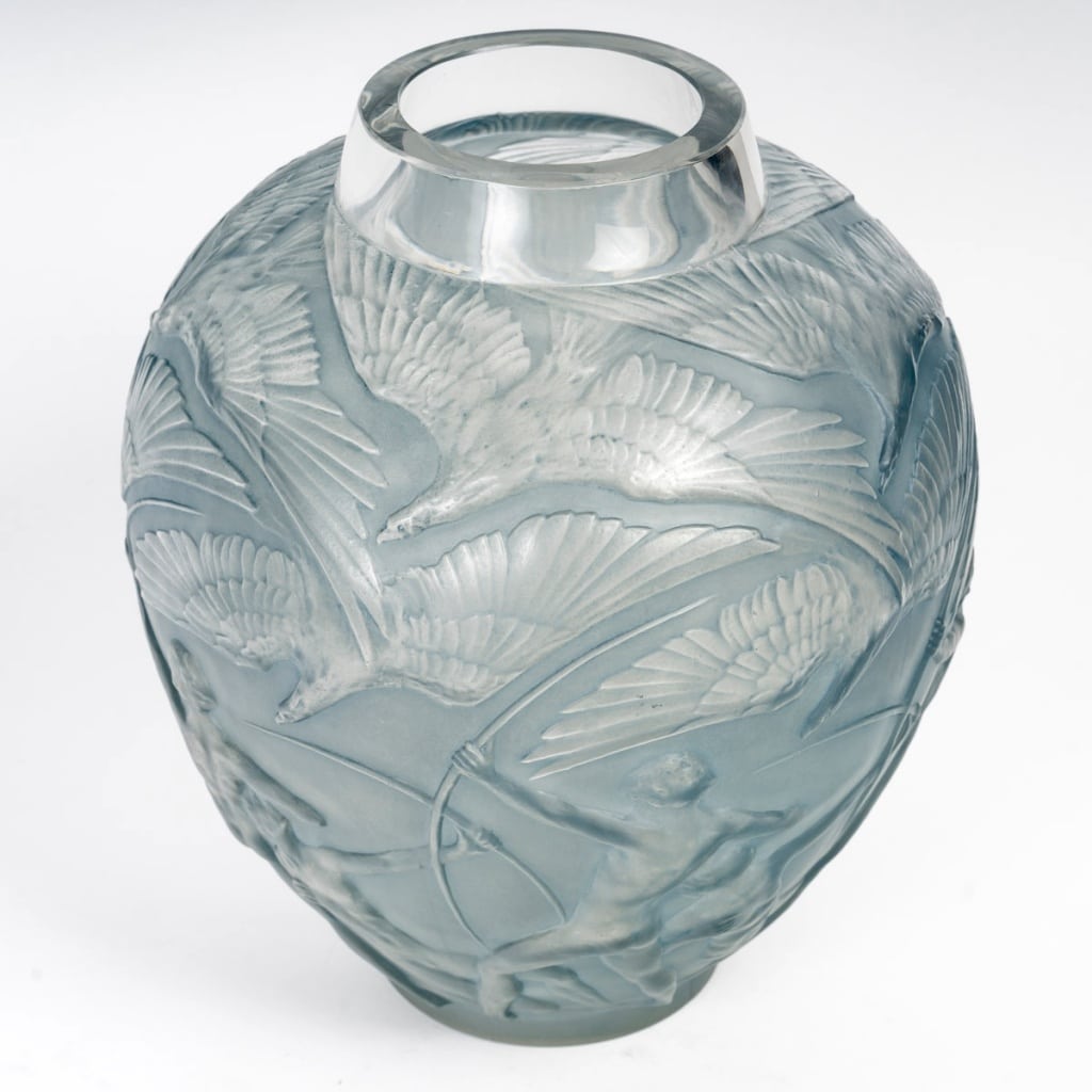 1921 René Lalique - Vase Archers Verre Blanc Patiné Bleu 