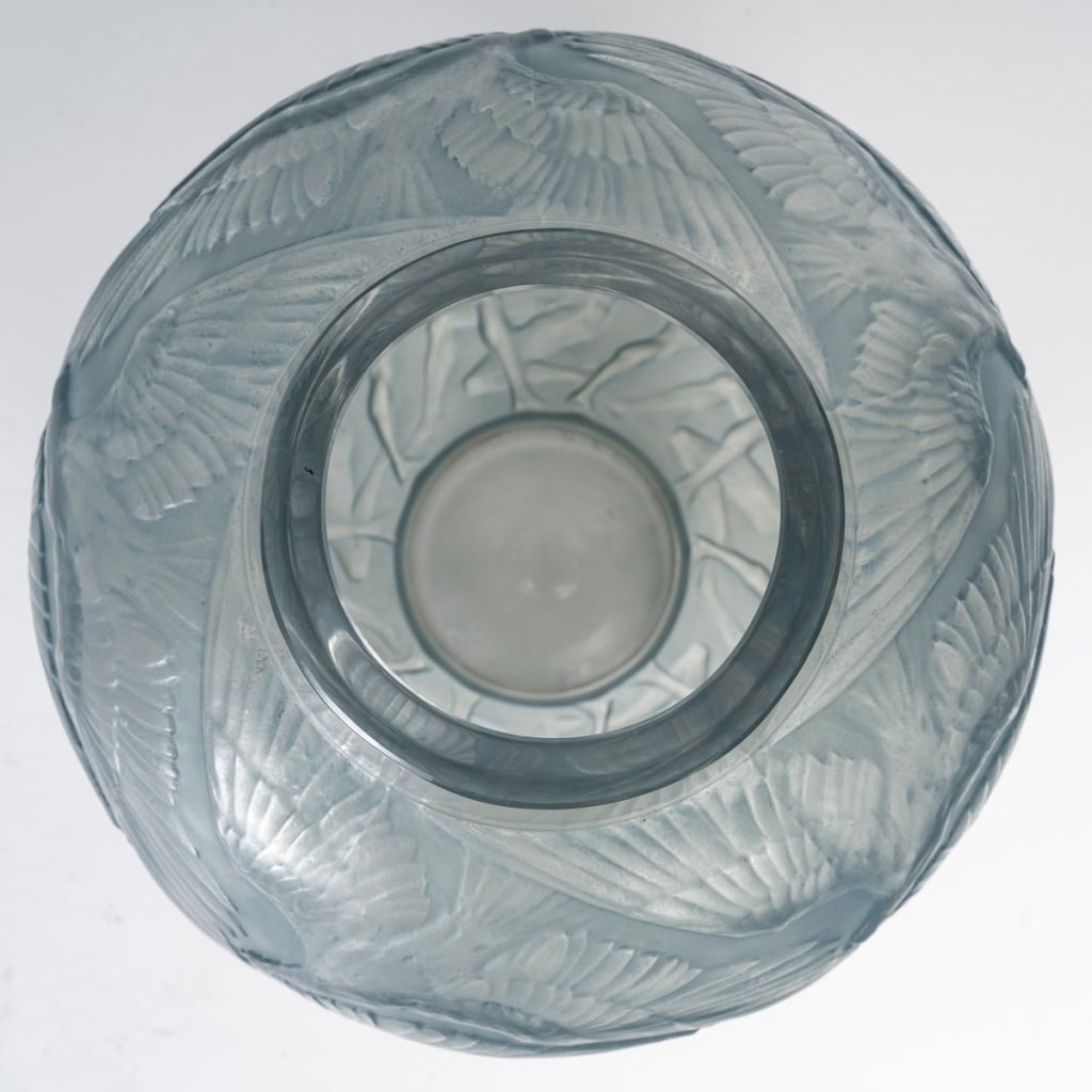 1921 René Lalique - Vase Archers Verre Blanc Patiné Bleu 