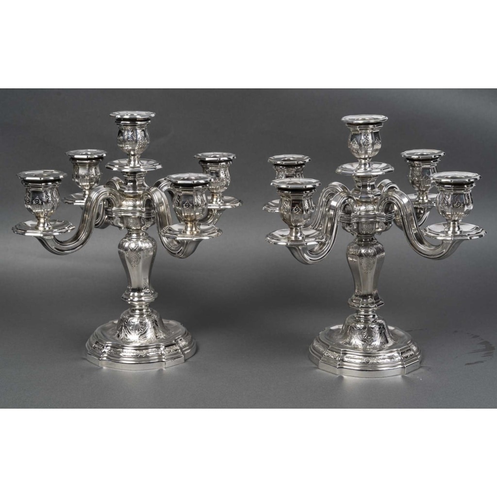 Orfèvre TETARD – Paire de Candélabres 5 lumières en argent massif XXe 