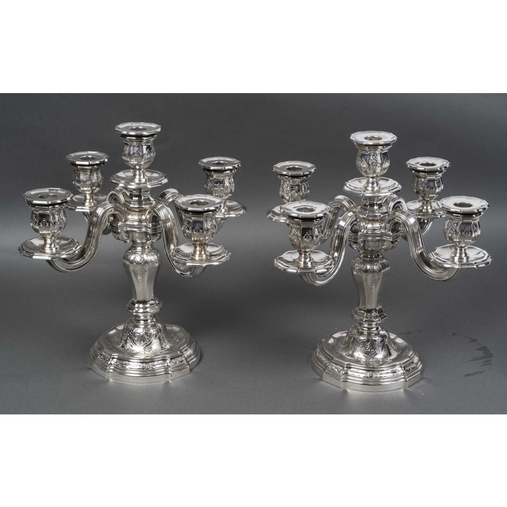 Orfèvre TETARD – Paire de Candélabres 5 lumières en argent massif XXe 