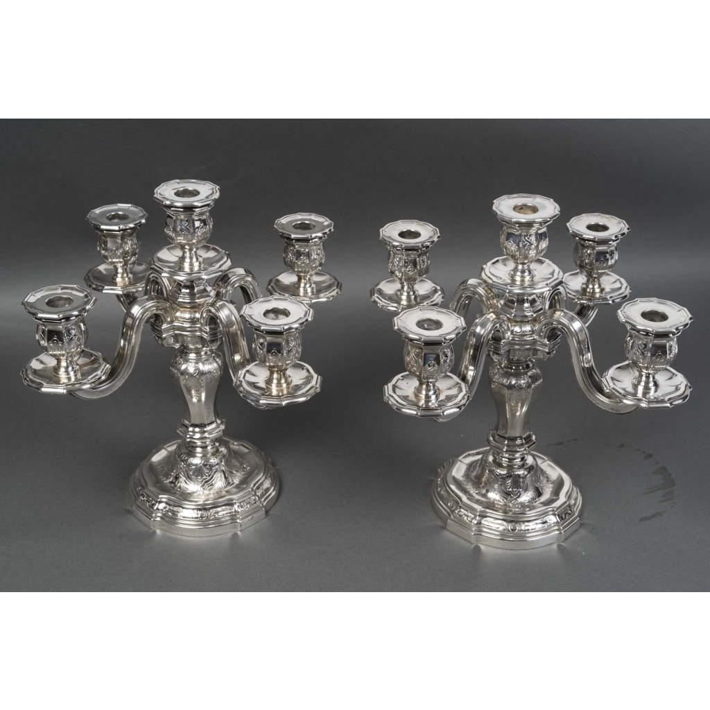 Orfèvre TETARD – Paire de Candélabres 5 lumières en argent massif XXe 