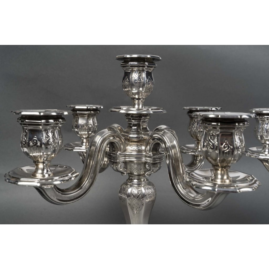 Orfèvre TETARD – Paire de Candélabres 5 lumières en argent massif XXe 