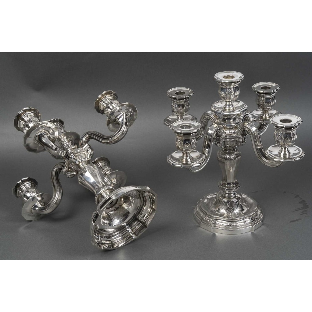 Orfèvre TETARD – Paire de Candélabres 5 lumières en argent massif XXe 