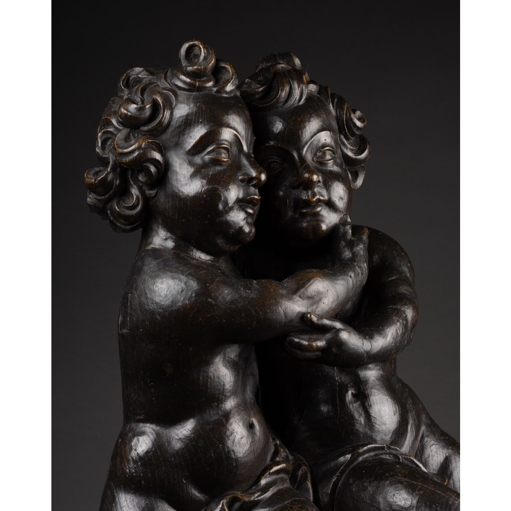 Amours enlacés en chêne sculpté – Flandres XVIIe siècle 