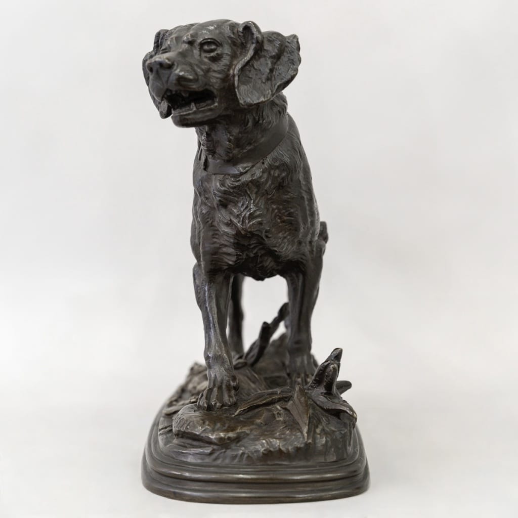 Sculpture - Chien épagneul à l'arrêt , Paul - Édouard Delabrièrre (1829-1912) - Bronze 