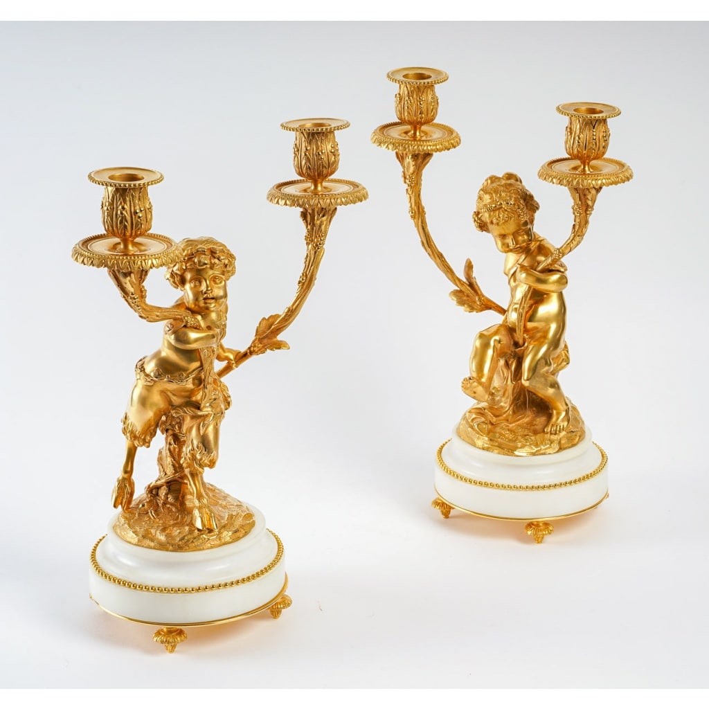 Paire de candélabres de style Louis XVI en bronze doré Amour et Faune d’après Clodion et Delarue vers 1850-1860 