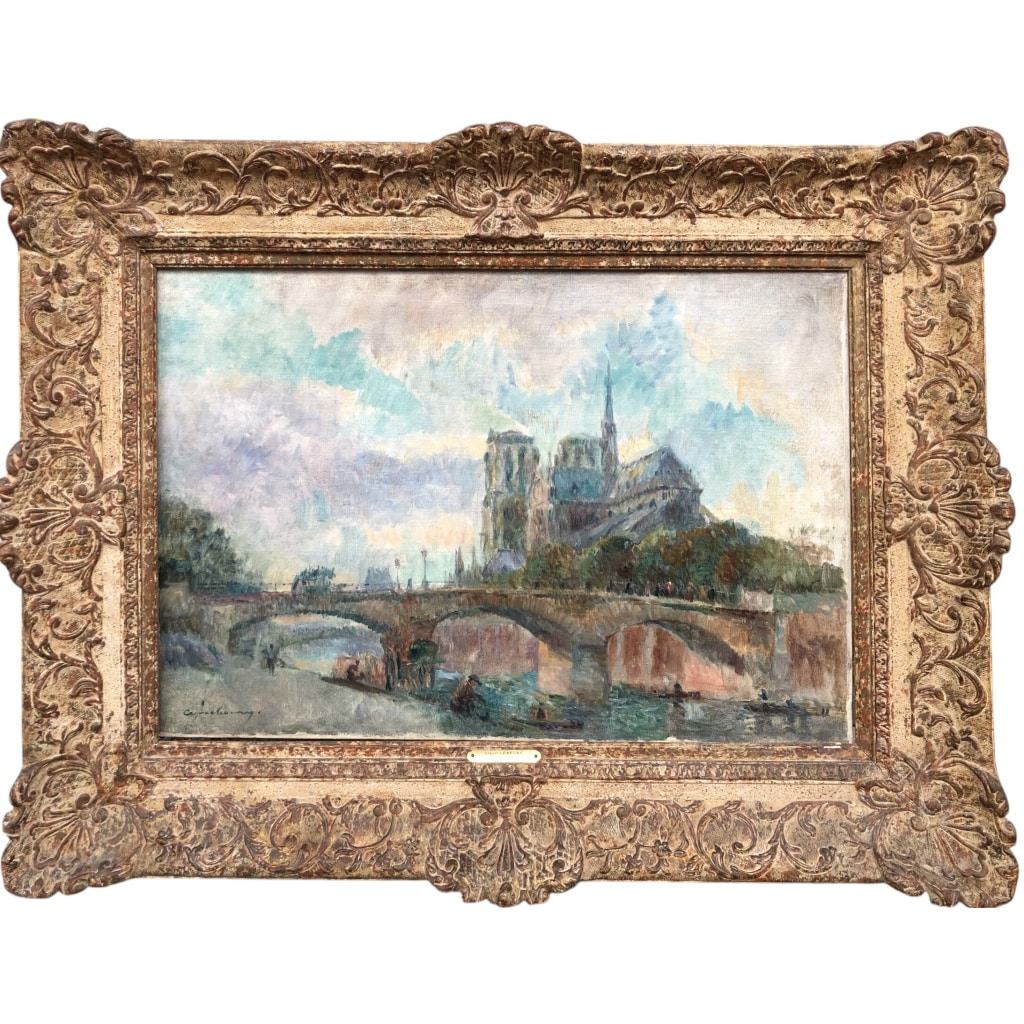 LEBOURG Albert Notre Dame de Paris vue du quai de la Tournelle en automne Huile sur toile signée Certificat d’authenticité 