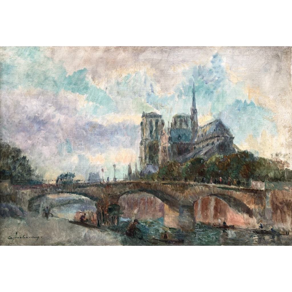 LEBOURG Albert Notre Dame de Paris vue du quai de la Tournelle en automne Huile sur toile signée Certificat d’authenticité 