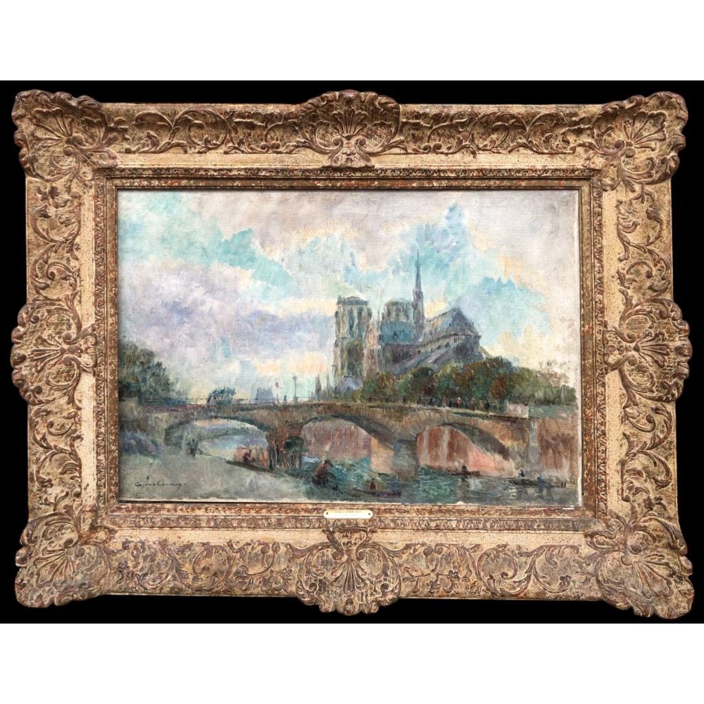 LEBOURG Albert Notre Dame de Paris vue du quai de la Tournelle en automne Huile sur toile signée Certificat d’authenticité 