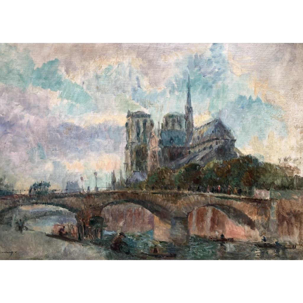 LEBOURG Albert Notre Dame de Paris vue du quai de la Tournelle en automne Huile sur toile signée Certificat d’authenticité 