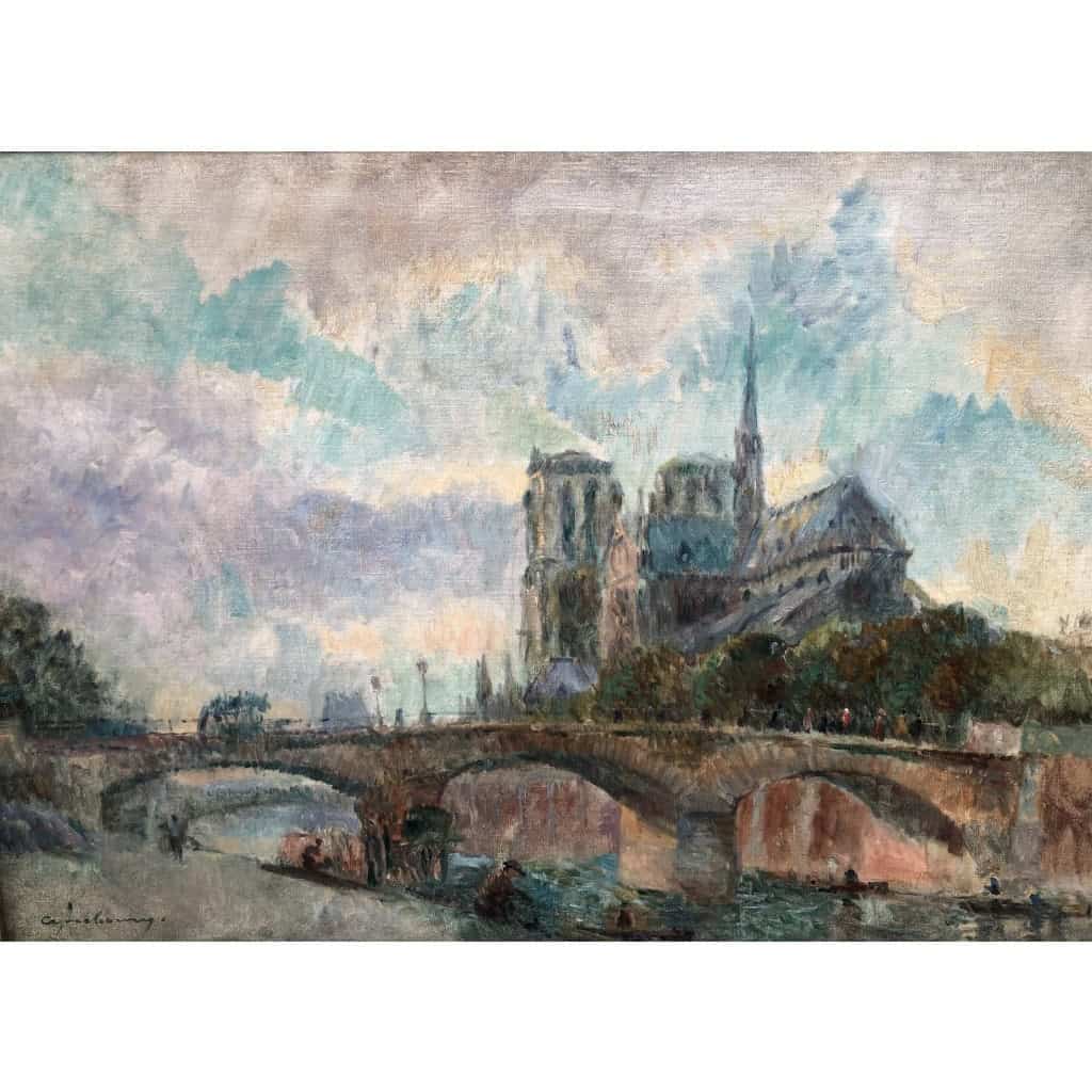 LEBOURG Albert Notre Dame de Paris vue du quai de la Tournelle en automne Huile sur toile signée Certificat d’authenticité 