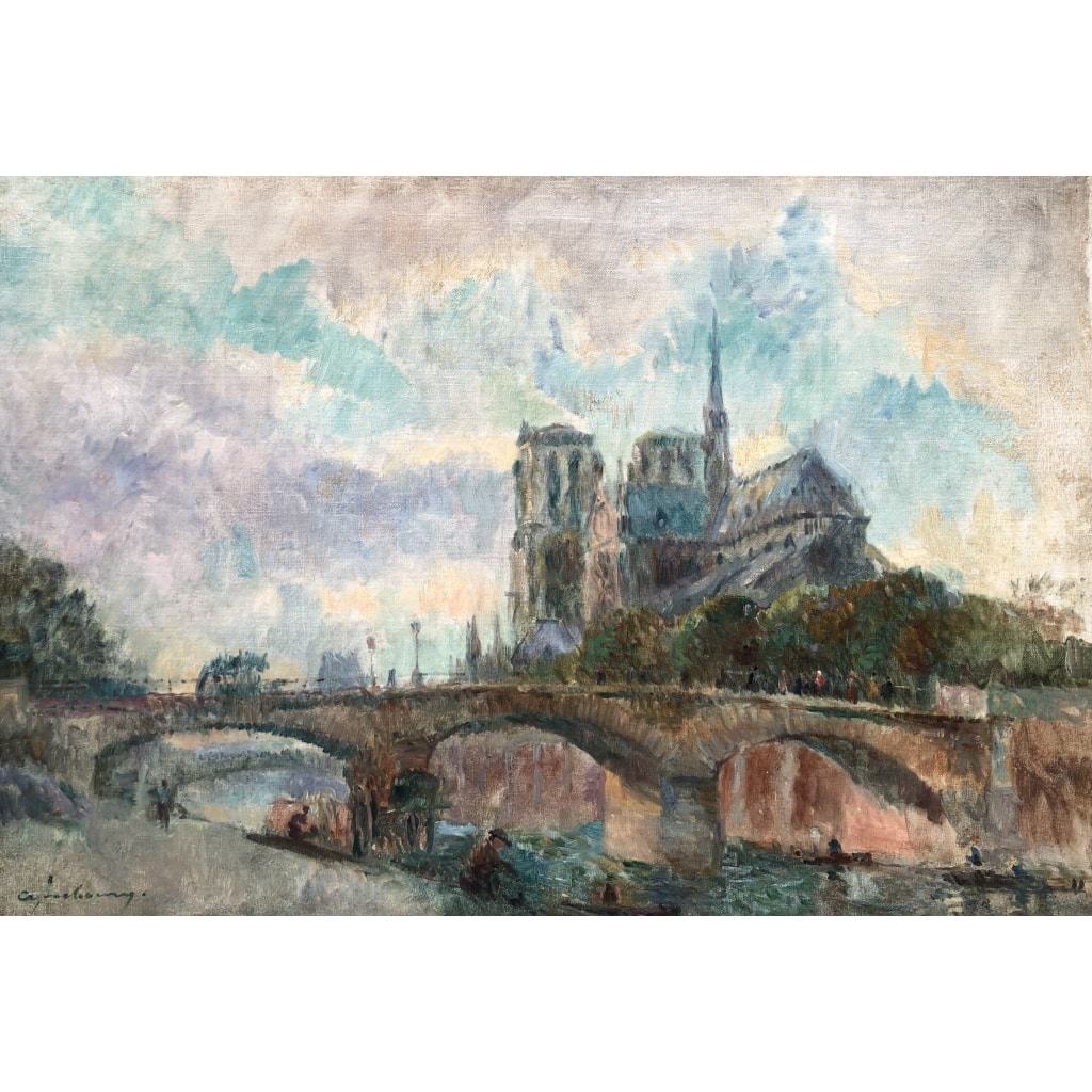 LEBOURG Albert Notre Dame de Paris vue du quai de la Tournelle en automne Huile sur toile signée Certificat d’authenticité 