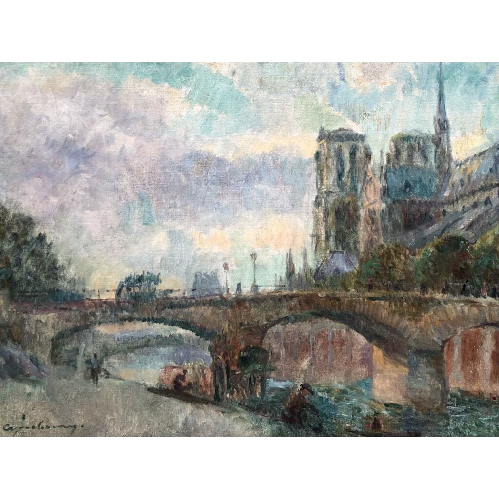 LEBOURG Albert Notre Dame de Paris vue du quai de la Tournelle en automne Huile sur toile signée Certificat d’authenticité 