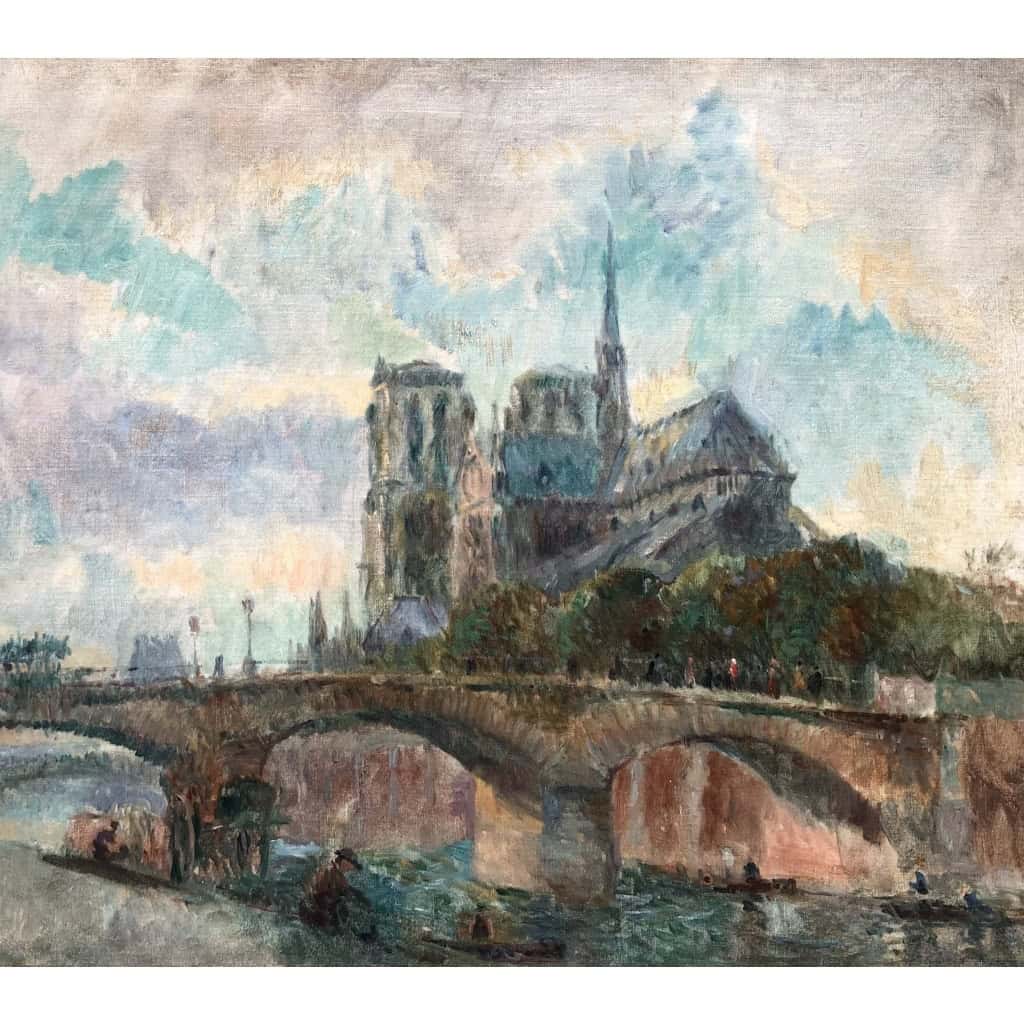 LEBOURG Albert Notre Dame de Paris vue du quai de la Tournelle en automne Huile sur toile signée Certificat d’authenticité 