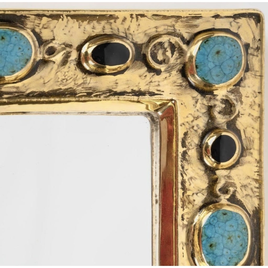 1970 François Lembo miroir, céramique, bijoux, or, vert émeraude, signé. 