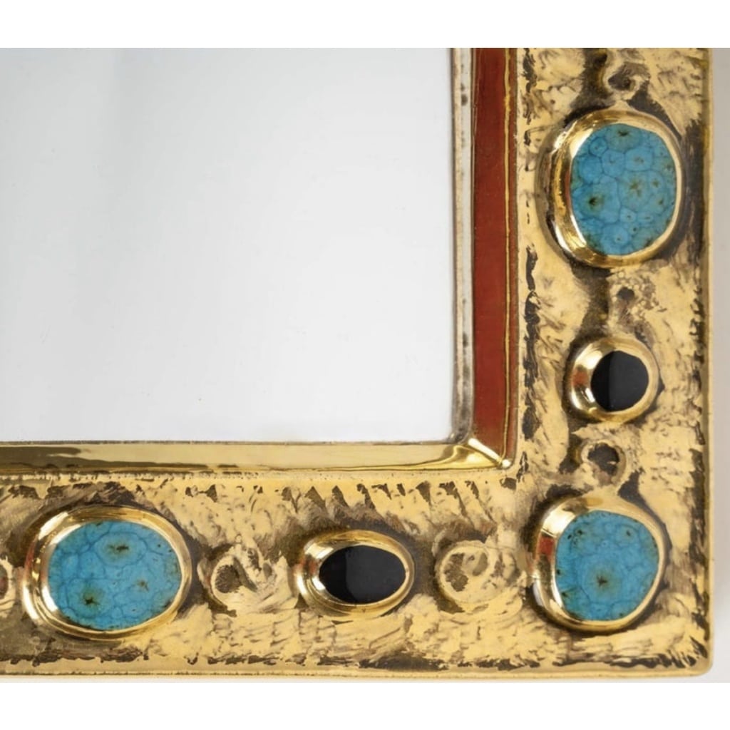 1970 François Lembo miroir, céramique, bijoux, or, vert émeraude, signé. 