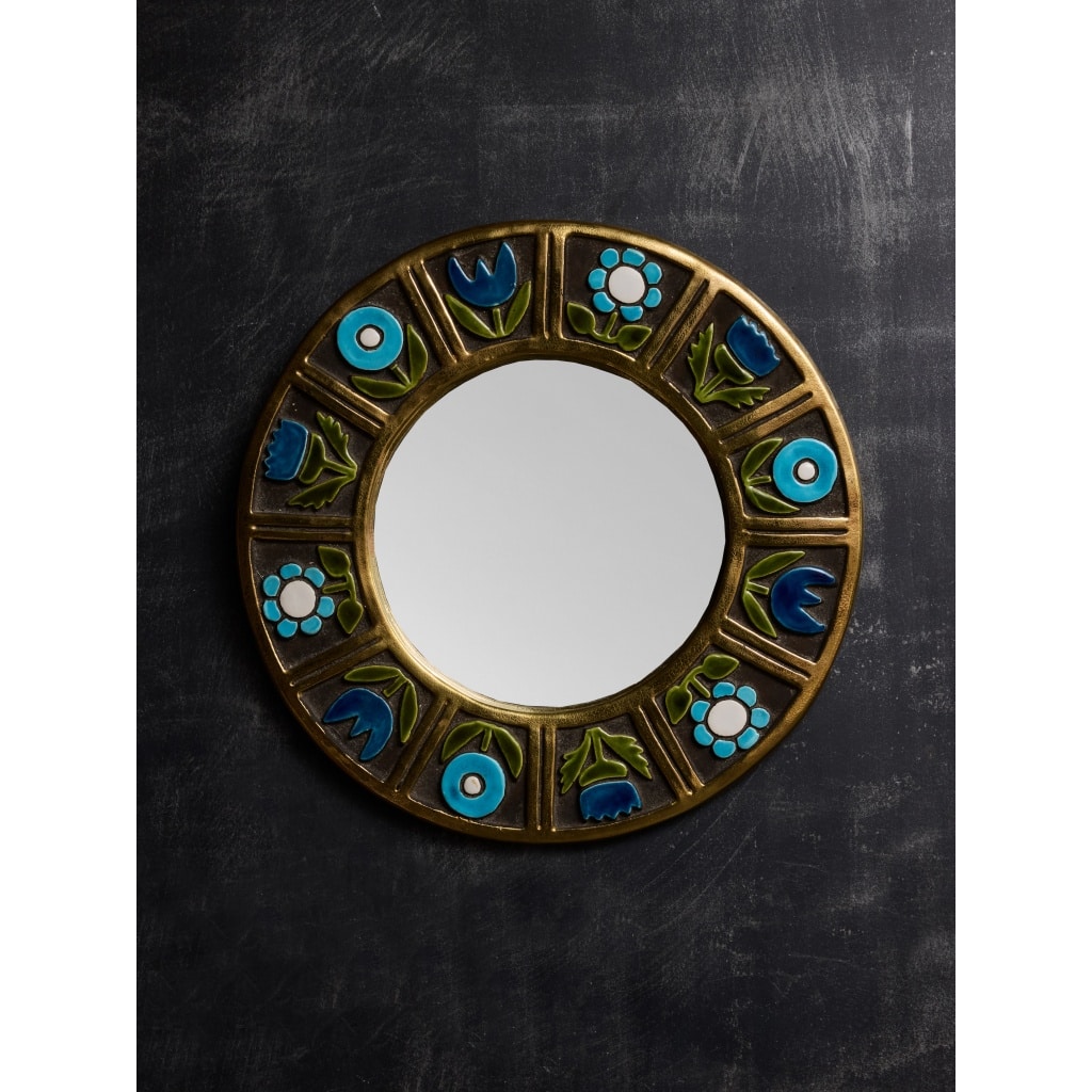 Round Mithe Espelt Ceramic Mirror with Blue Flower Decors 