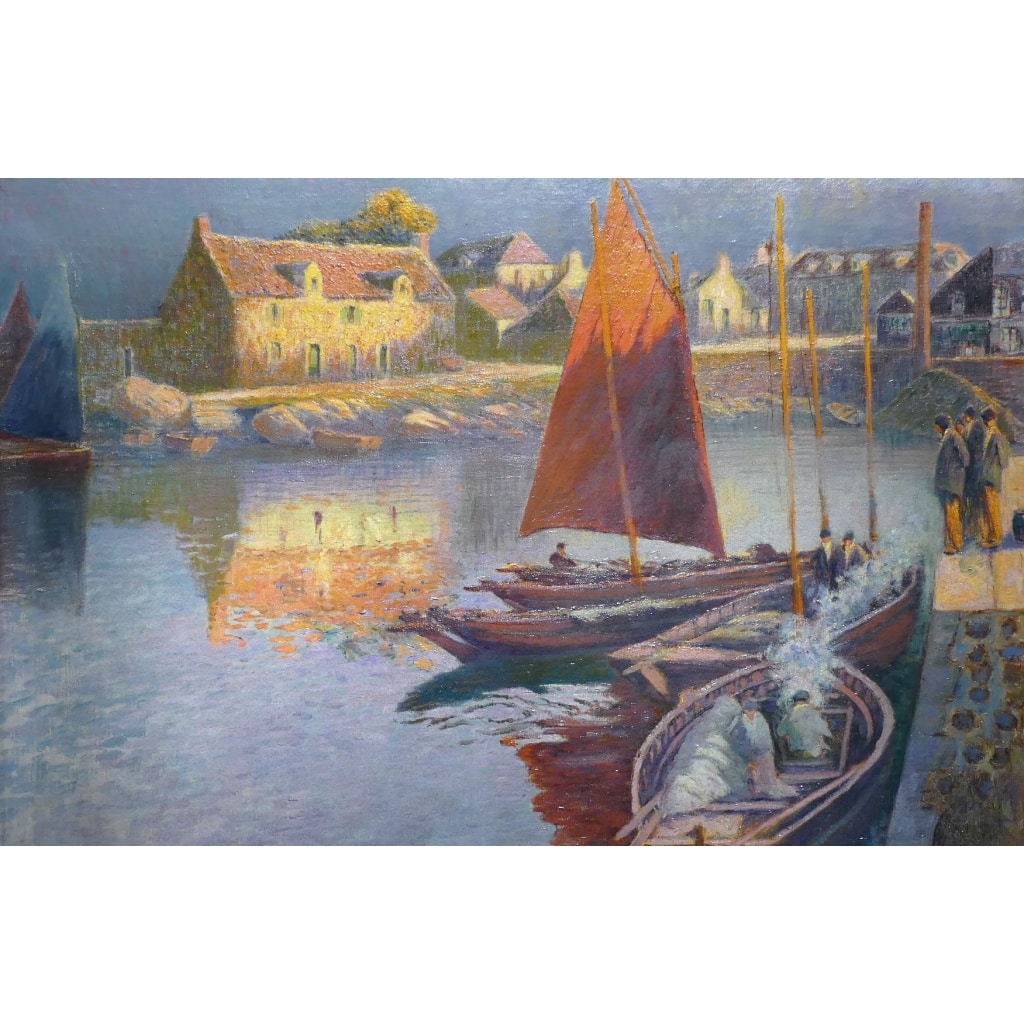 BOUVET Max Peinture Française Marine 20ème Siècle Petit Port Breton Huile Sur toile Signée Certificat 