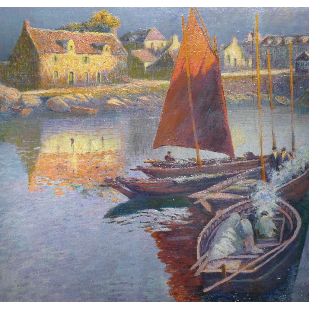 BOUVET Max Peinture Française Marine 20ème Siècle Petit Port Breton Huile Sur toile Signée Certificat 