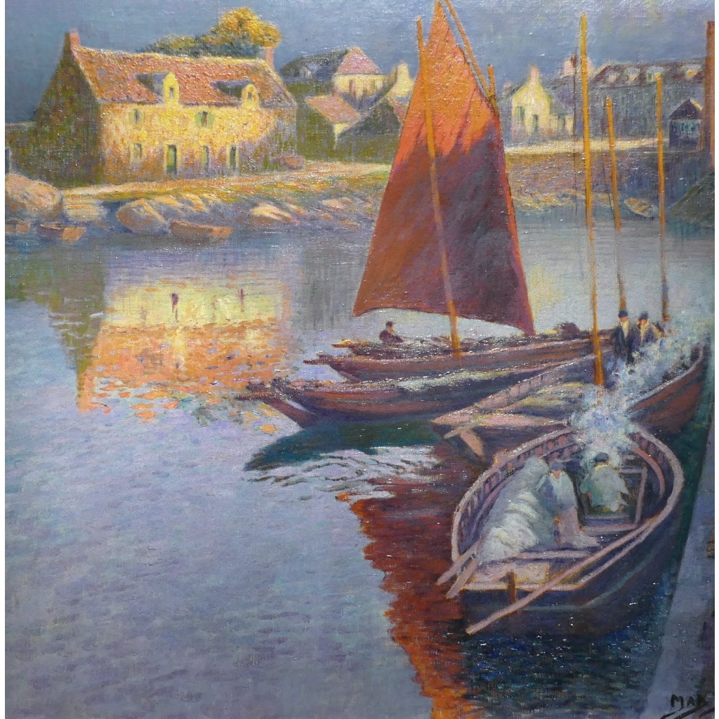 BOUVET Max Peinture Française Marine 20ème Siècle Petit Port Breton Huile Sur toile Signée Certificat 