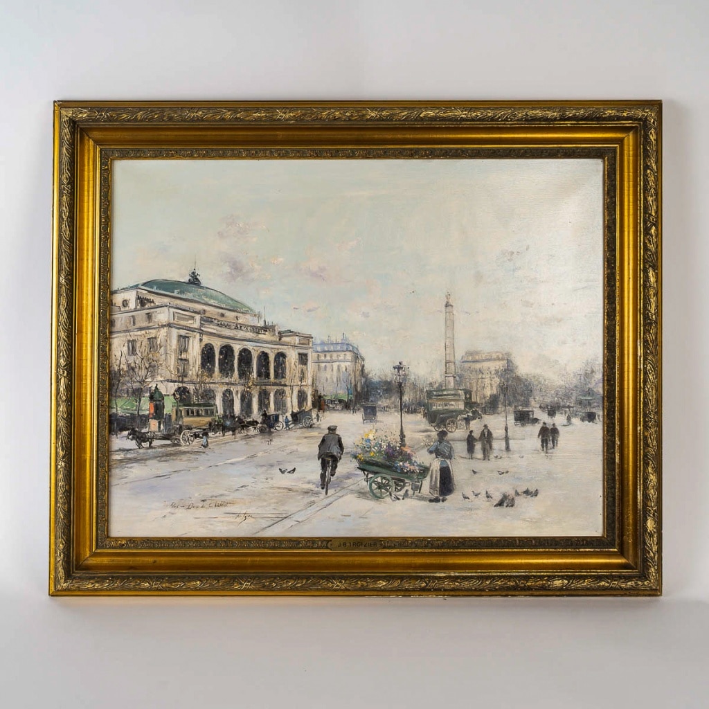 Jean Bernard Trotzier La Marchande de Fleurs Ambulante Place du Châtelet huile sur toile XXème siècle 