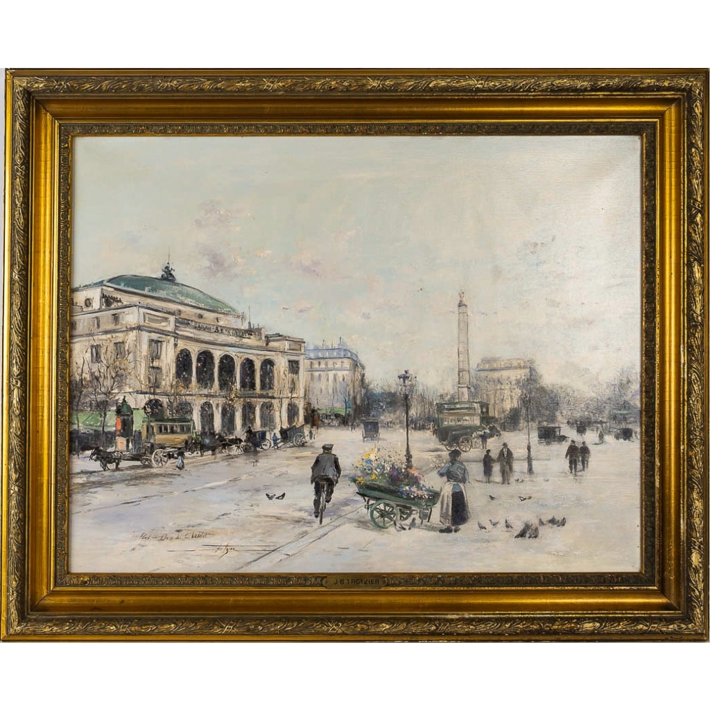 Jean Bernard Trotzier La Marchande de Fleurs Ambulante Place du Châtelet huile sur toile XXème siècle 