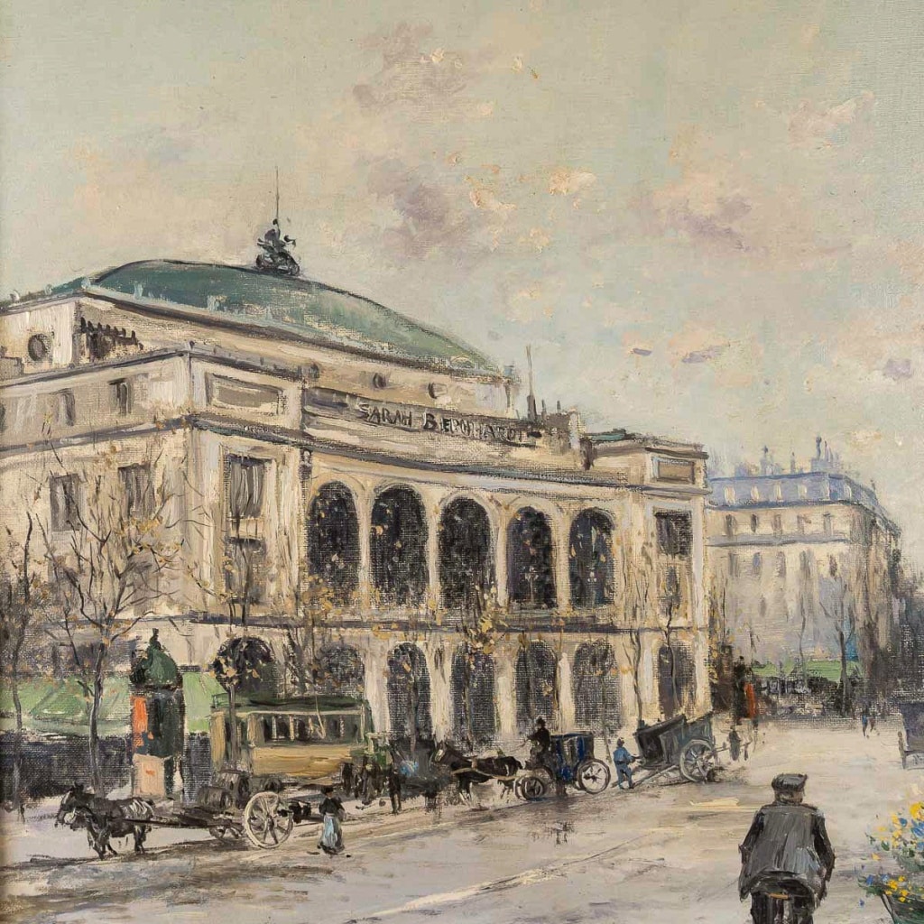 Jean Bernard Trotzier La Marchande de Fleurs Ambulante Place du Châtelet huile sur toile XXème siècle 