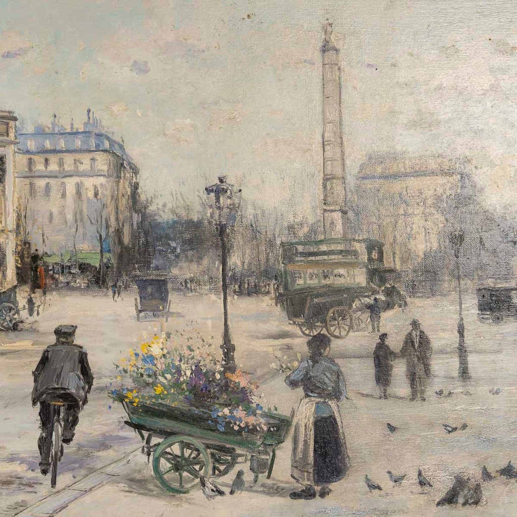 Jean Bernard Trotzier La Marchande de Fleurs Ambulante Place du Châtelet huile sur toile XXème siècle 