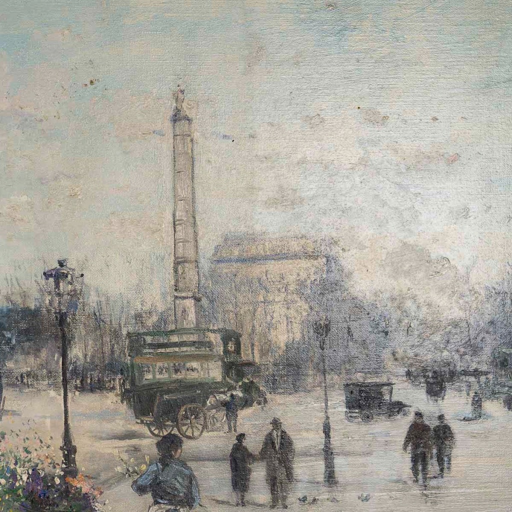 Jean Bernard Trotzier La Marchande de Fleurs Ambulante Place du Châtelet huile sur toile XXème siècle 