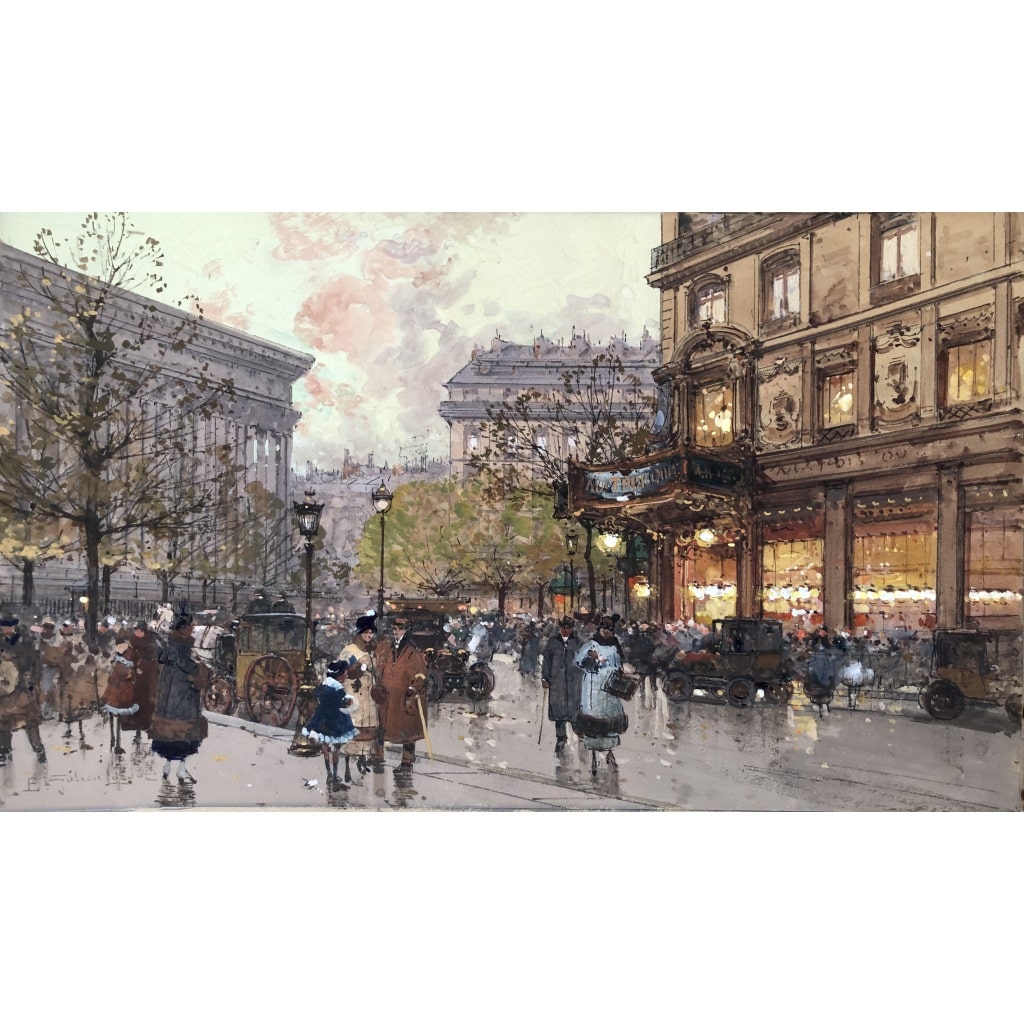 GALIEN LALOUE Tableau 20è Paris Animation aux 3 quartiers à La Madeleine Gouache et aquarelle Signée Certificat 