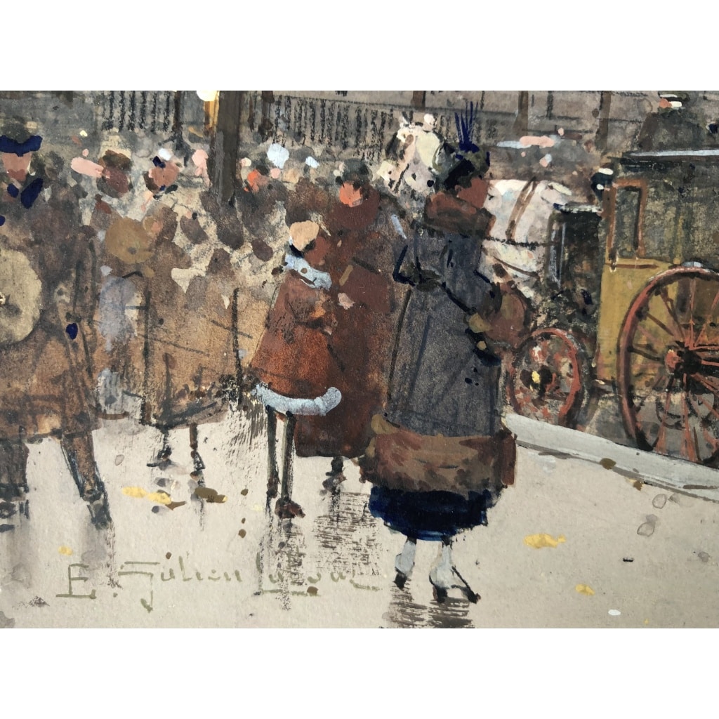 GALIEN LALOUE Tableau 20è Paris Animation aux 3 quartiers à La Madeleine Gouache et aquarelle Signée Certificat 