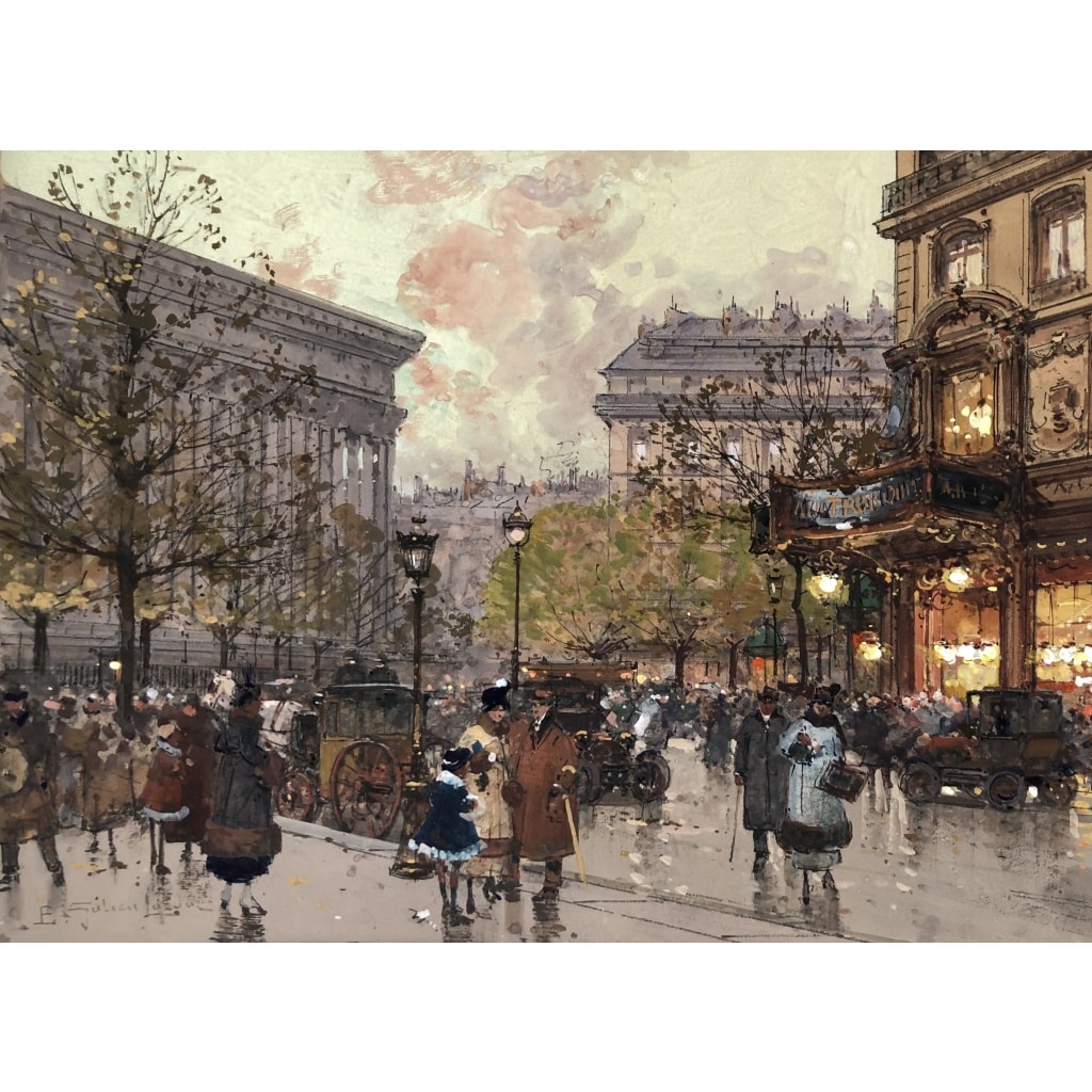 GALIEN LALOUE Tableau 20è Paris Animation aux 3 quartiers à La Madeleine Gouache et aquarelle Signée Certificat 