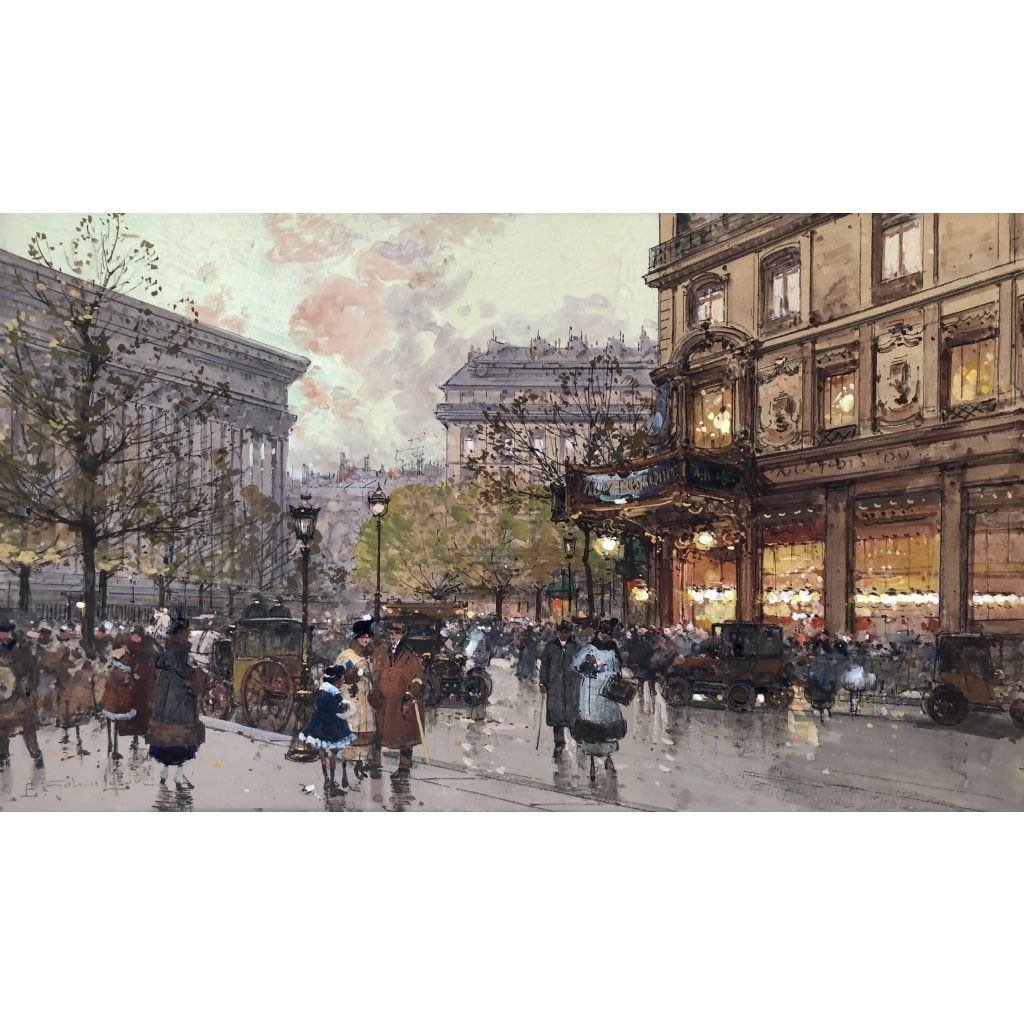 GALIEN LALOUE Tableau 20è Paris Animation aux 3 quartiers à La Madeleine Gouache et aquarelle Signée Certificat 