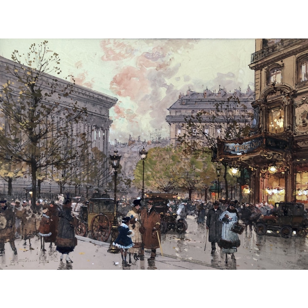 GALIEN LALOUE Tableau 20è Paris Animation aux 3 quartiers à La Madeleine Gouache et aquarelle Signée Certificat 