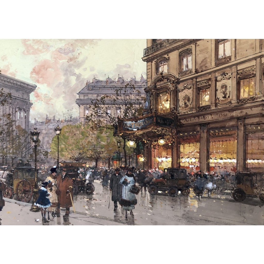 GALIEN LALOUE Tableau 20è Paris Animation aux 3 quartiers à La Madeleine Gouache et aquarelle Signée Certificat 