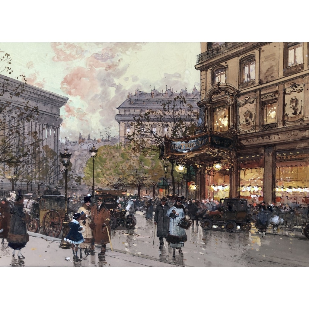 GALIEN LALOUE Tableau 20è Paris Animation aux 3 quartiers à La Madeleine Gouache et aquarelle Signée Certificat 