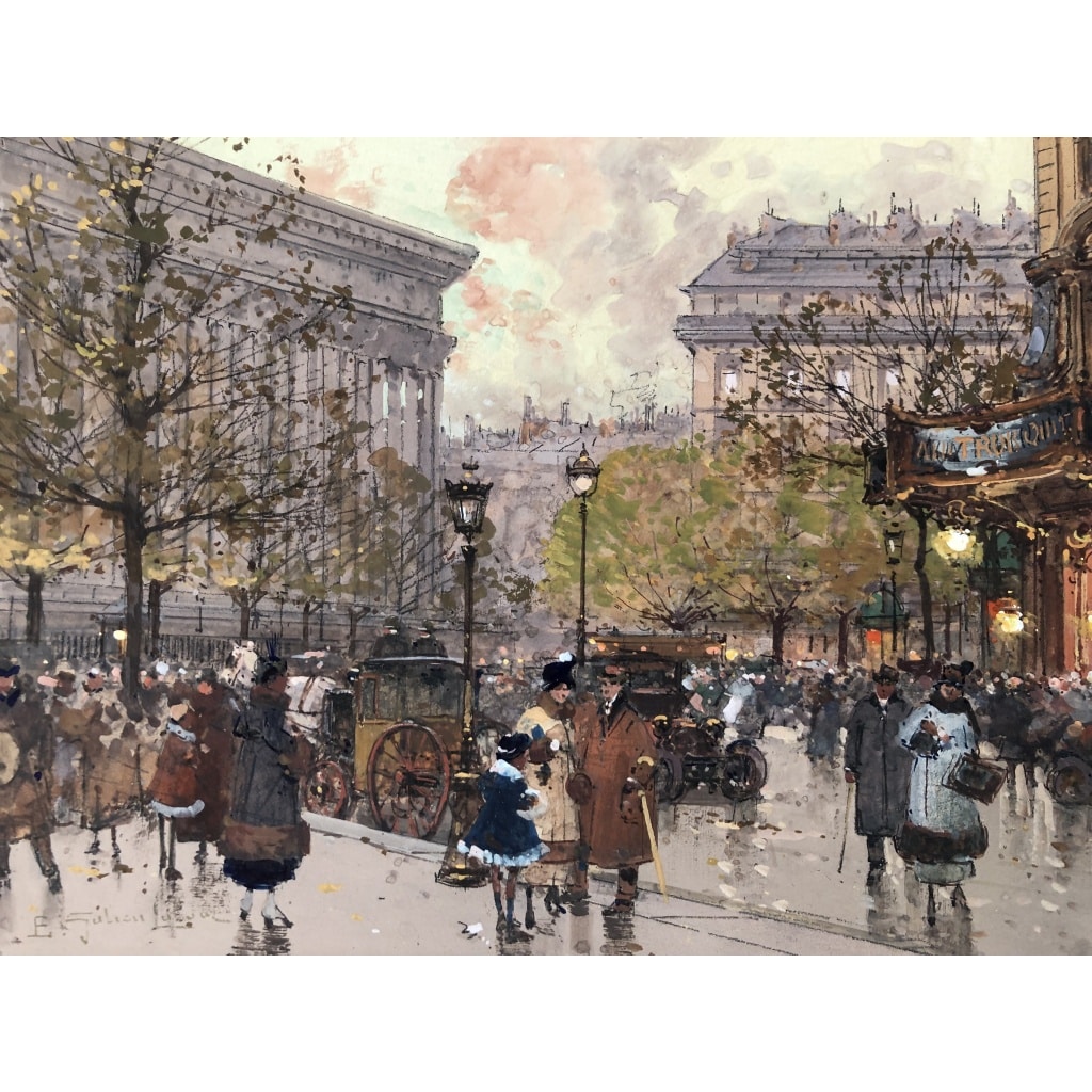 GALIEN LALOUE Tableau 20è Paris Animation aux 3 quartiers à La Madeleine Gouache et aquarelle Signée Certificat 