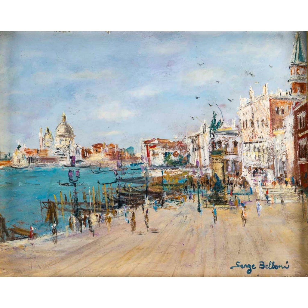 Serge Belloni (1925-2005), Venise Riva degli Schiavoni, Huile sur Bois, Vers 1970 