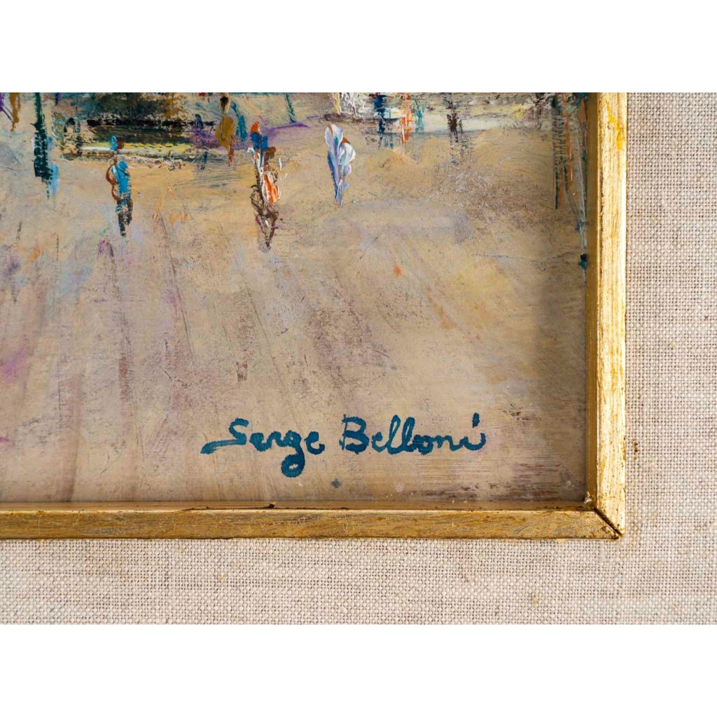 Serge Belloni (1925-2005), Venise Riva degli Schiavoni, Huile sur Bois, Vers 1970 