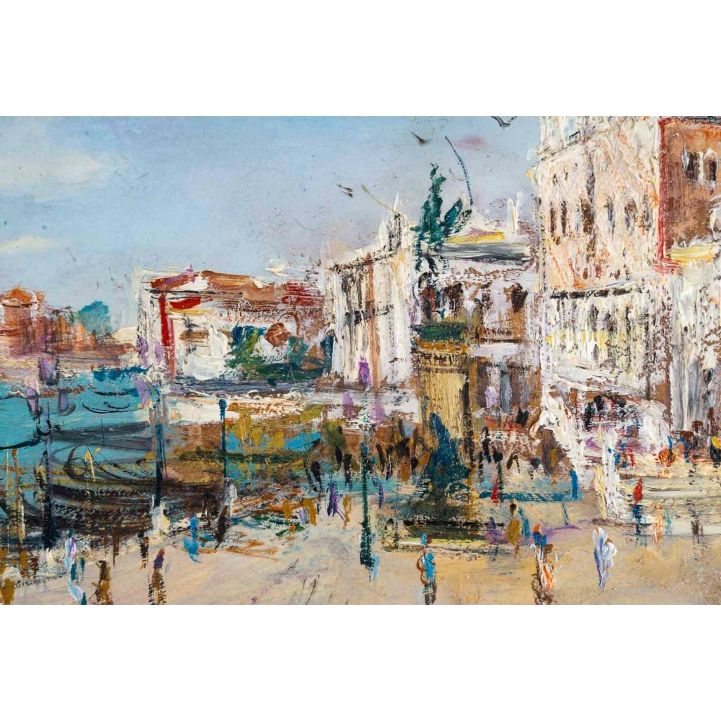 Serge Belloni (1925-2005), Venise Riva degli Schiavoni, Huile sur Bois, Vers 1970 