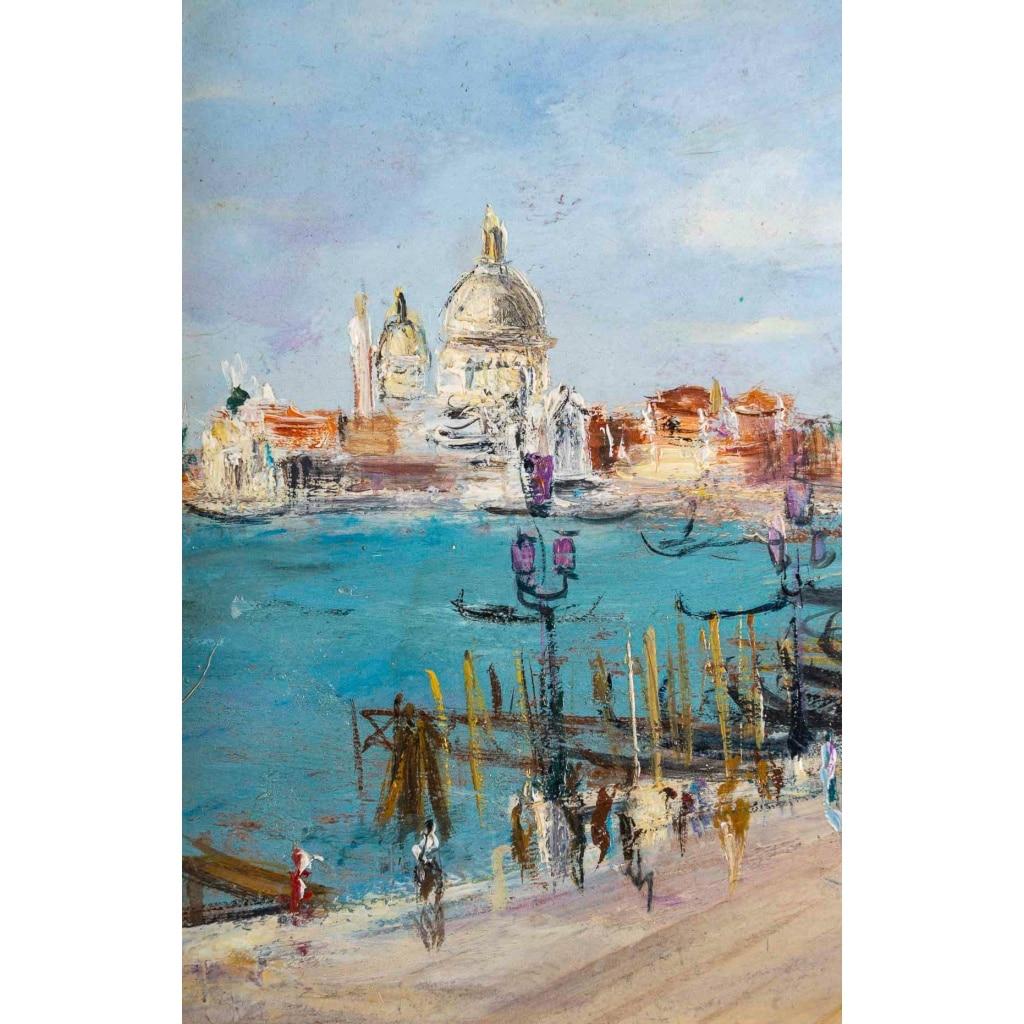 Serge Belloni (1925-2005), Venise Riva degli Schiavoni, Huile sur Bois, Vers 1970 